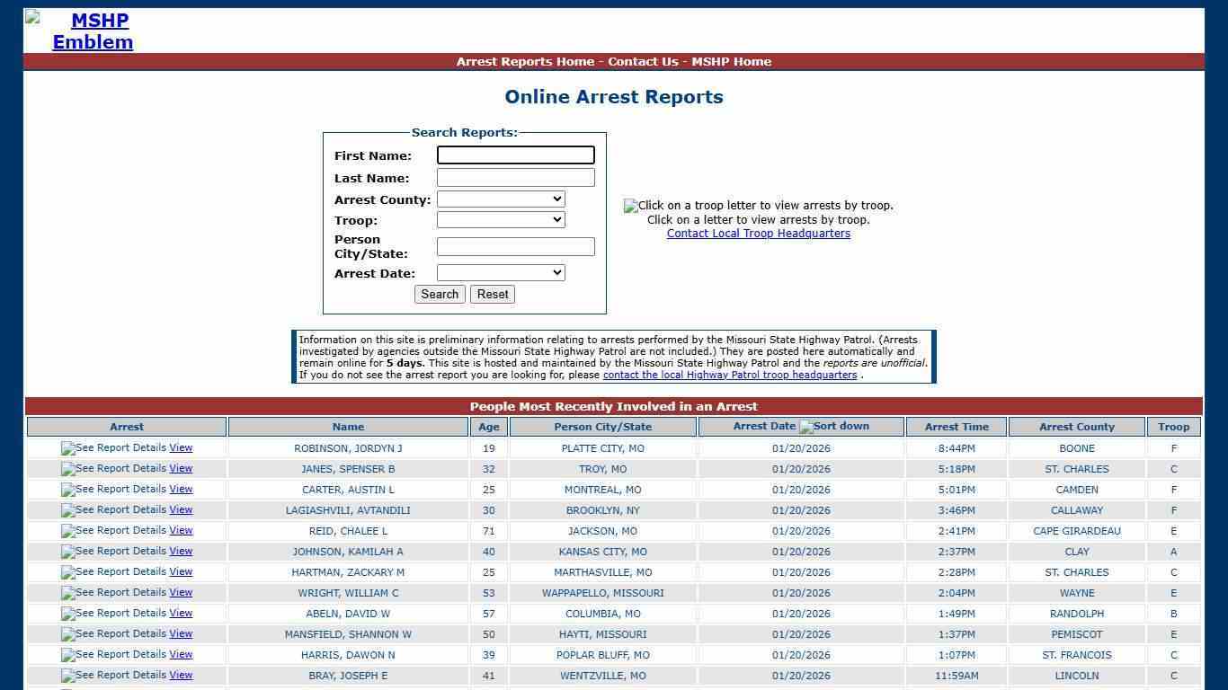 Missouri State Highway Patrol - Arrest Reports